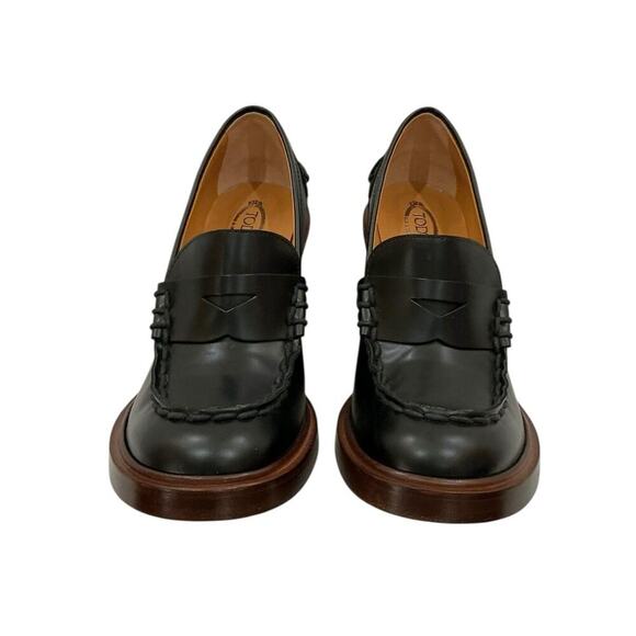 Tod’s Chunky Heel Leather Loafer Pumps Black - Brown Size 39.5 Italy 9.5 US - Picture 9 of 14